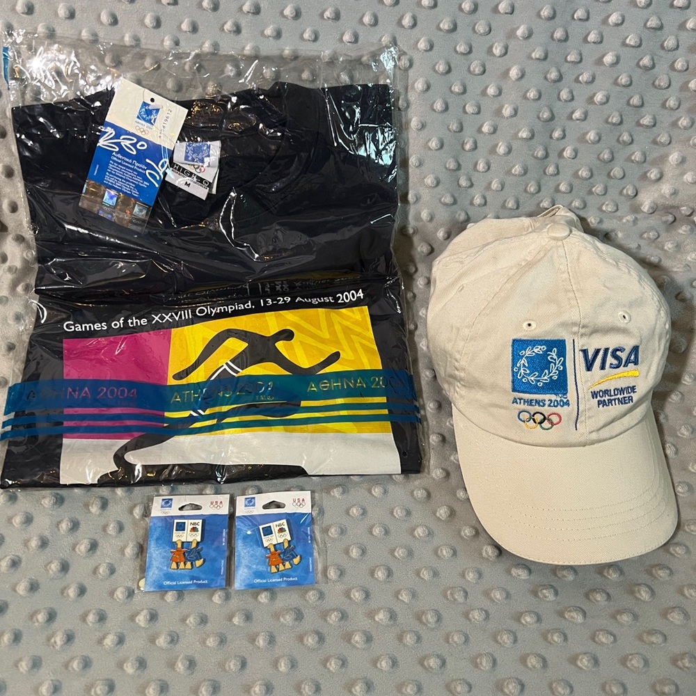 Olympics NOS Track and Field T-shirt, NBC pins, and Visa hat from 2004 Athens